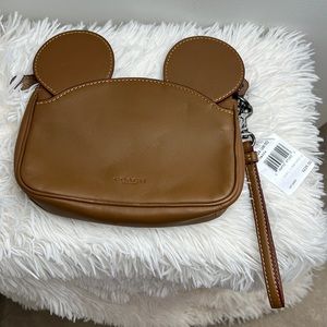 NWT Coach X Disney Saddle Brown Tan Glove Leather Wristlet HTF Mouse Ears